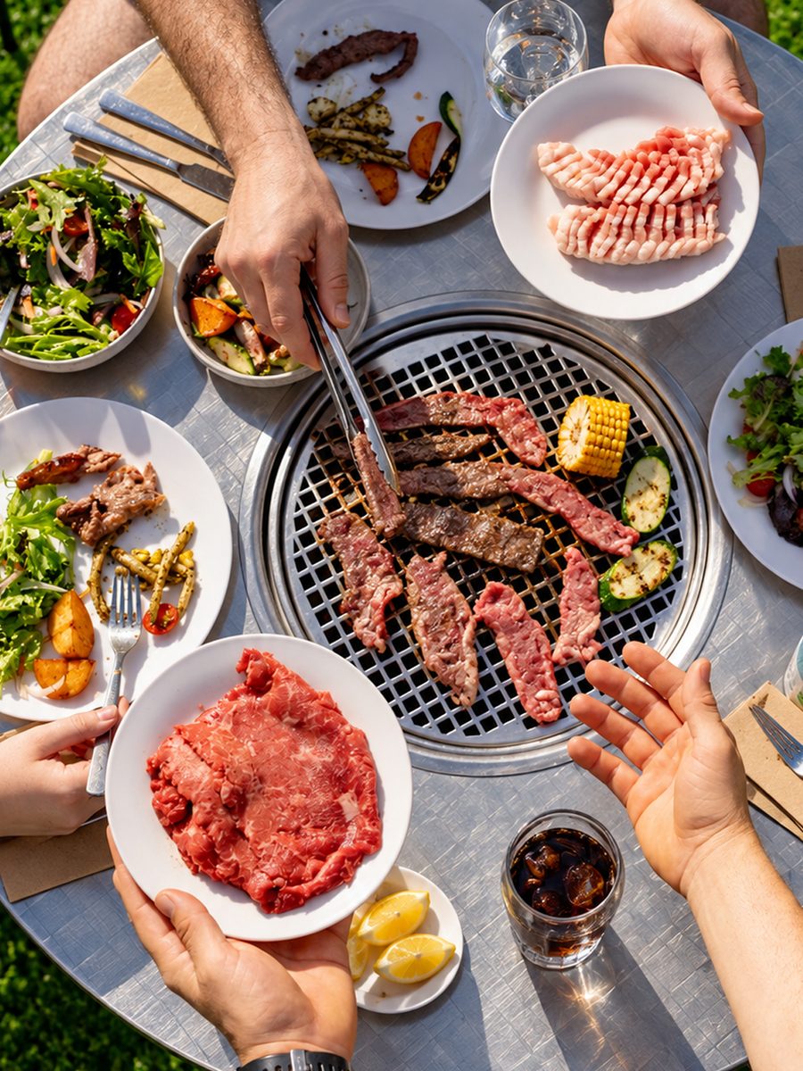 Hands sharing plates of meat and salad around the grill in the middle of the table
