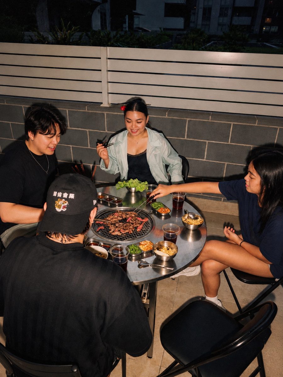 Four friends grilling at the table in a courtyard at night